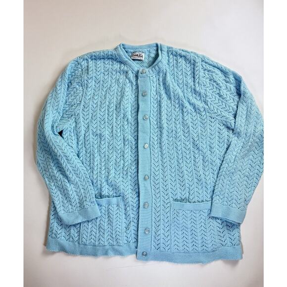 Vtg 60s Cuddle Knit Easter Pastel Blue Popcorn Knit Granny Cardigan Sweater - Picture 1 of 6